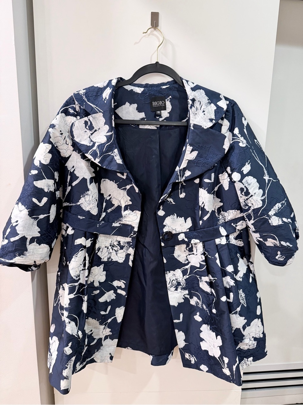 Bigio Collection Navy Floral Embroidered Coat Jacket Size 10